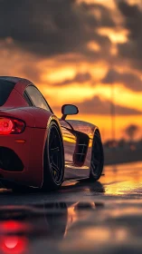 Low-slung red sports car on wet asphalt at dramatic sunset