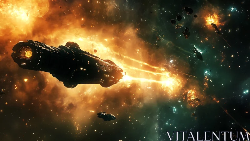 Large spacecraft traverses luminous nebular battlefield region