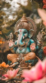Gentle teal Ganesha statue resting in a dreamy garden glow.