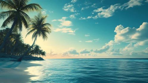 Coastal landscape with palm trees and ocean horizon under clear sky