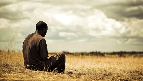 Solitary person seated in dry open grassland under sky.