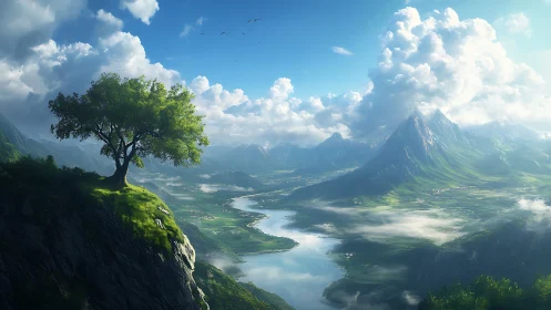 Sunlit cliff tree watching over a winding dreamlike valley.