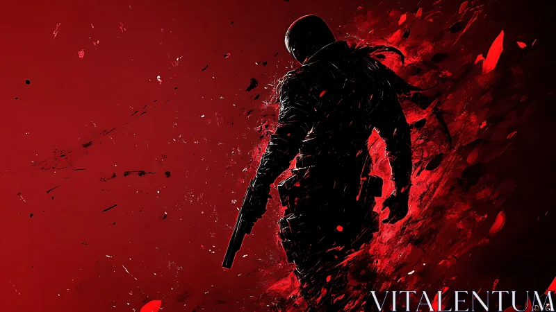 Silhouetted gunman dissolving into dynamic crimson shards.