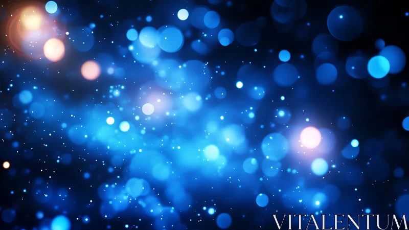 Glowing blue bokeh lights drift across a deep cosmic backdrop