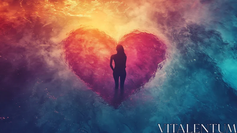 Silhouetted figure before luminous heart-shaped portal. Digital surrealism.