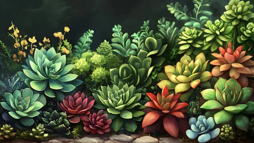 Lush succulent garden in layered luminous colors at dusk.
