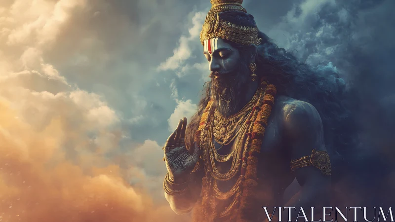 Serene celestial figure bathed in golden, misty twilight.