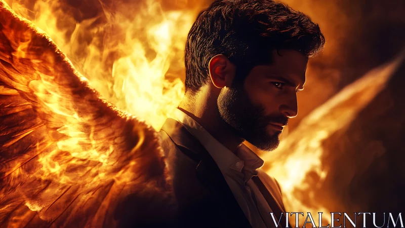 Man with fiery wings in profile against dark background.