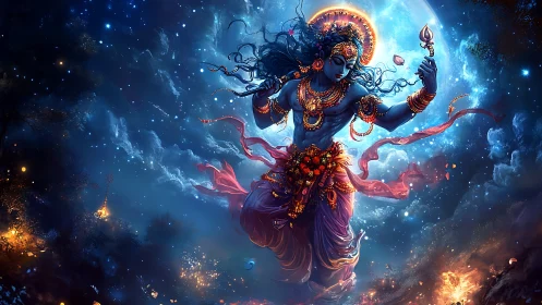 Divine blue-skinned deity figure in dynamic celestial dance.
