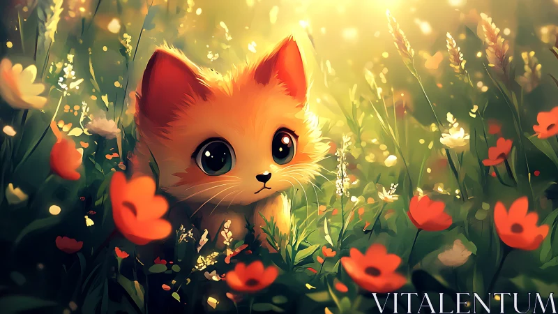 Cute wide eyed fox cub sitting in a glowing flower meadow.