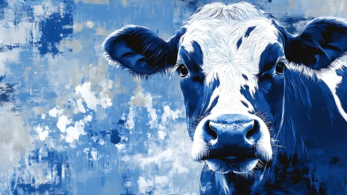 Blue-toned cow portrait stands against abstract painted backdrop