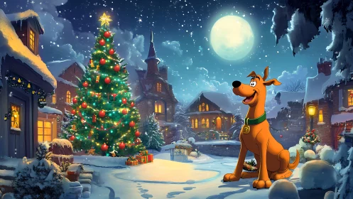 Midnight moon crowns a merry hound guarding Christmas glow