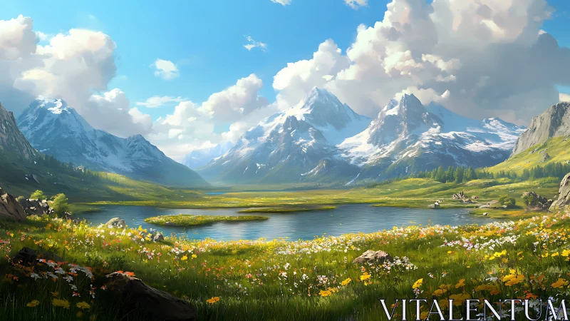 Sunlit alpine meadow dreaming beside crystal mountain lake.