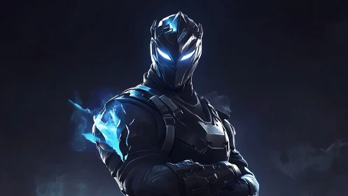 Midnight cyber-knight folds starlight into a burning fist