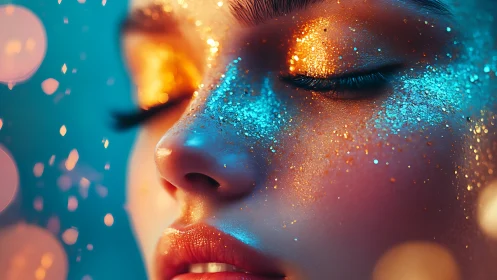 Closeup portrait with vivid blue and gold face glitter.