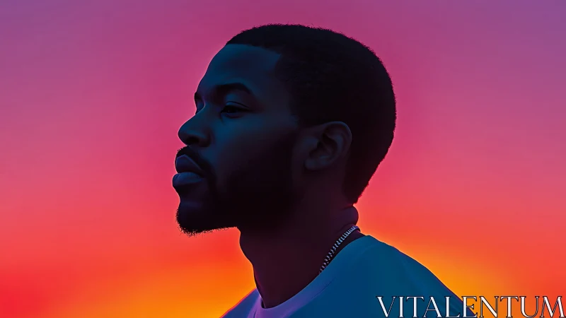 Digital portrait silhouette against neon gradient sunset background.