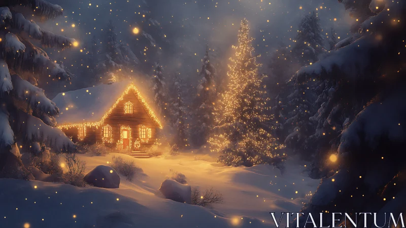Cozy winter cabin glowing softly in a snowlit forest night.