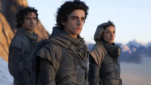 Triad of armored explorers stands in windswept desert basin