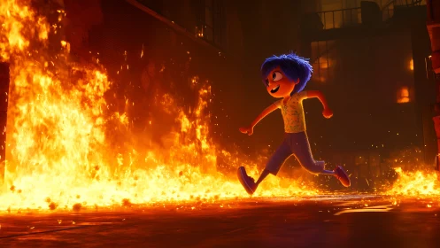 Animated character sprinting through destructive wall of flame with expressive gestures
