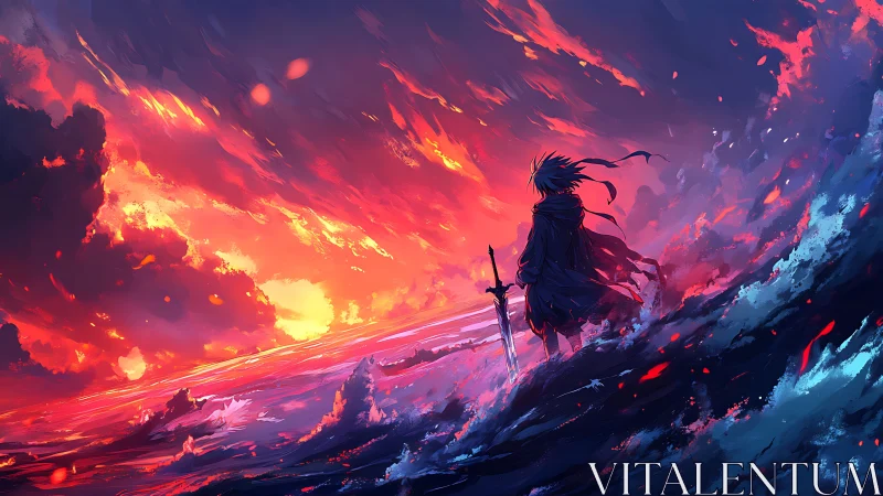 Lone swordsman watching burning horizon over raging sea.