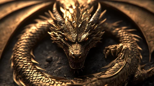 Golden dragon coils in molten light, guarding dark stone.