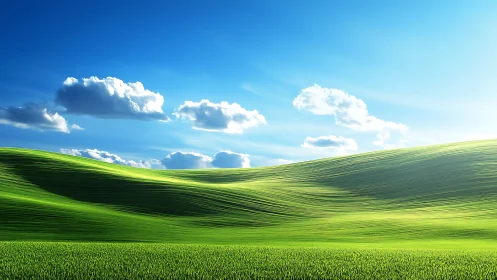 Sunlit green hills under sparse cumulus cloud formations.