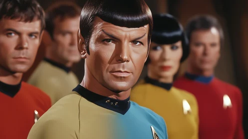 Stoic science officer leads colorful starship bridge crew