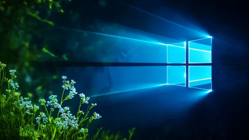 Windows logo light beams with foreground wildflowers.