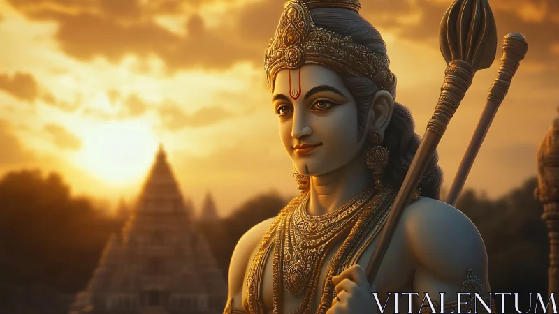 Sunlit warrior deity gazes over ancient temple horizon.