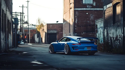 Blue street predator idling between brooding brick canyons.