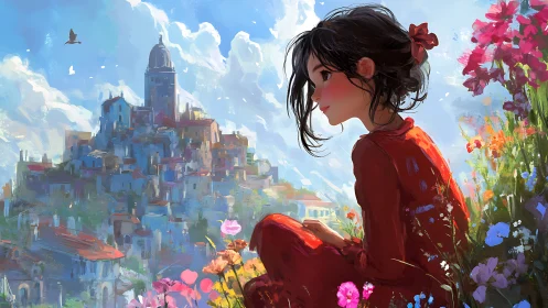 Girl in red dress observes hillside town across flower field
