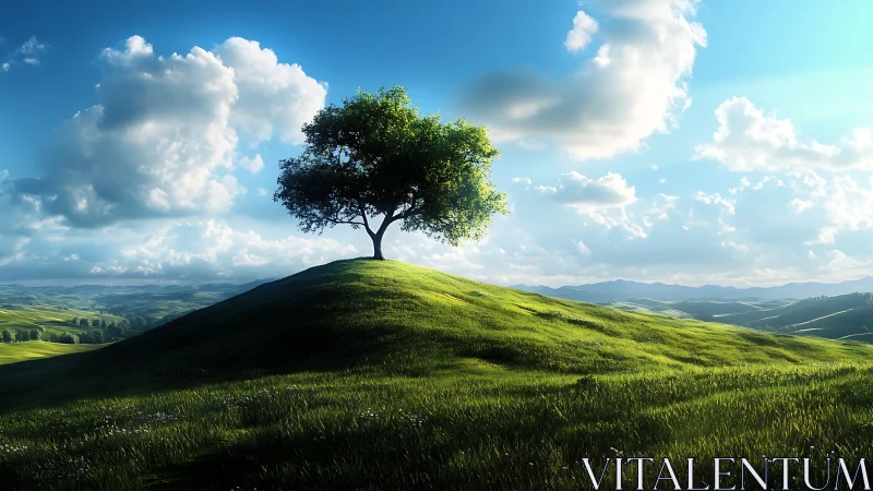 Single tree stands on sunlit grassy hill under clouds