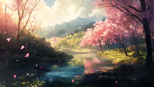 Whispering blossom river under snow crowned spring mountains.