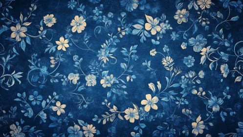 Monochrome blue floral pattern with textured vintage surface