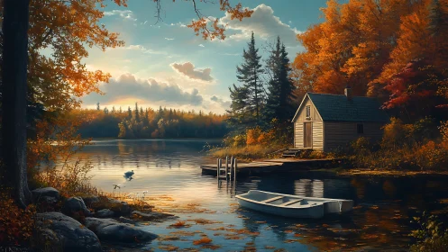 Autumn lake cabin with boat under warm evening light.