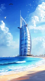 Modern sail-shaped tower on coastal beachfront landscape.