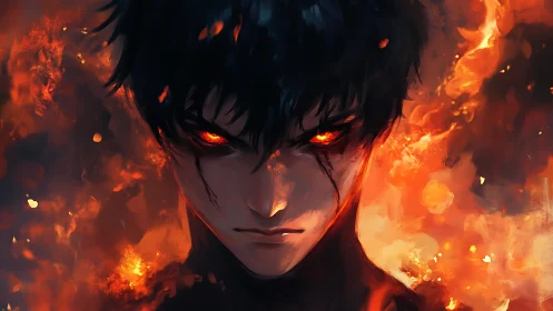 Fire-wreathed anime antihero portrait with glowing ember eyes