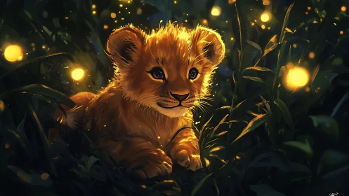 Curious lion cub glowing softly among golden fireflies.