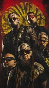 Tattooed metal band posed against grunge sunburst backdrop