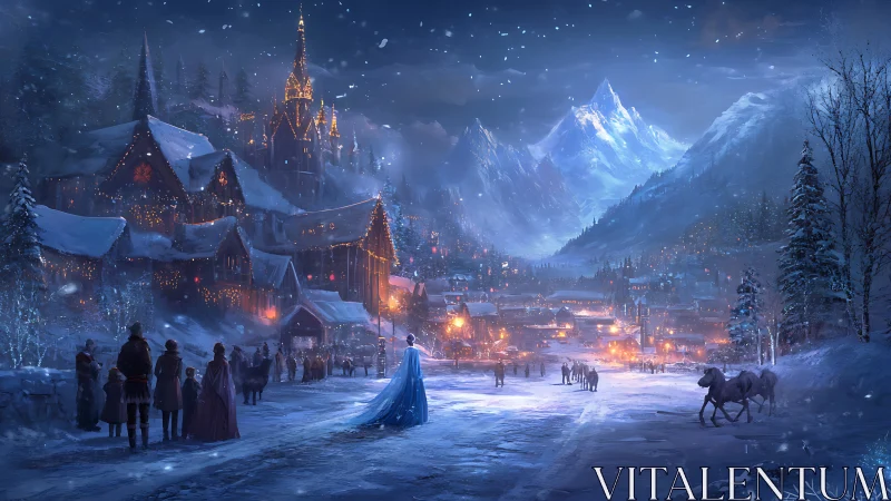 Nocturnal alpine kingdom boulevard under crystalline snowfall.