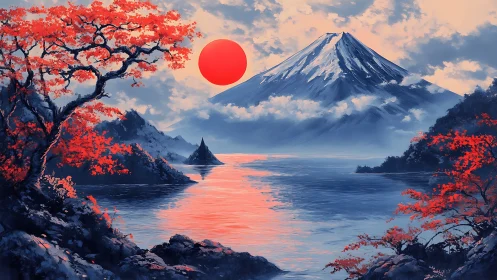Crimson sun over sapphire mountain lake in quiet eruption.