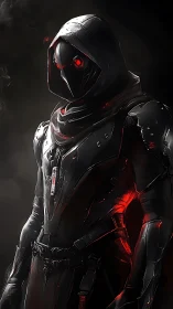 Hooded humanoid figure in armored suit with red lighting.