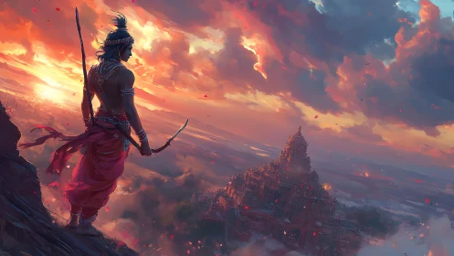 Warrior overlooks ancient temple city under fiery sunset.