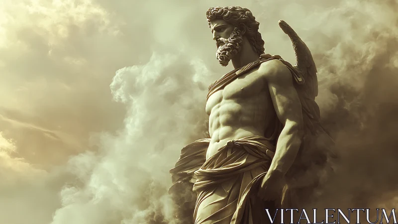 Winged classical male statue amid dense atmospheric clouds.