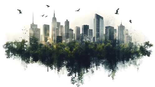 Urban skyline merges with forest canopy in layered digital double exposure