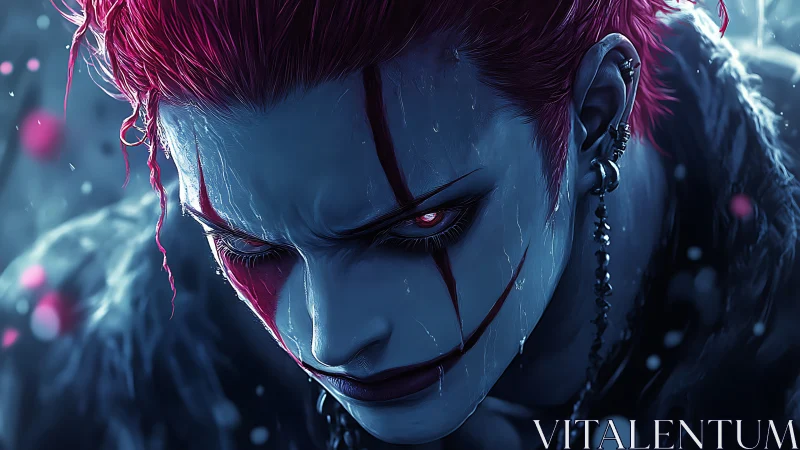 Demonic clown warrior with glowing eyes in icy rain.