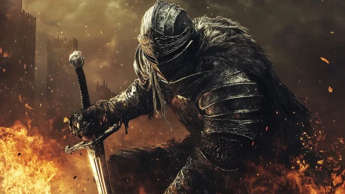 Armored knight kneels in burning ruin under storm-dark skies