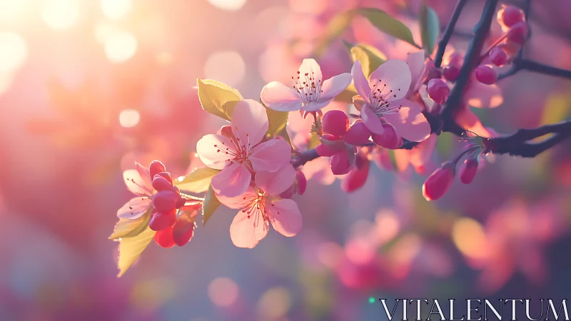 Cherry blossoms backlit by warm sunlight with bokeh