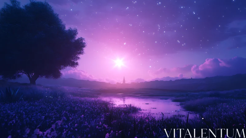 Twilight river dreams beneath a violet star-crowned sky.