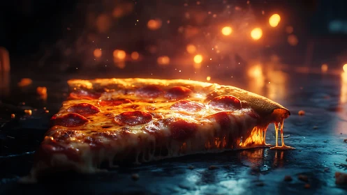 Photoreal pepperoni slice with molten cheese and bokeh firelight.